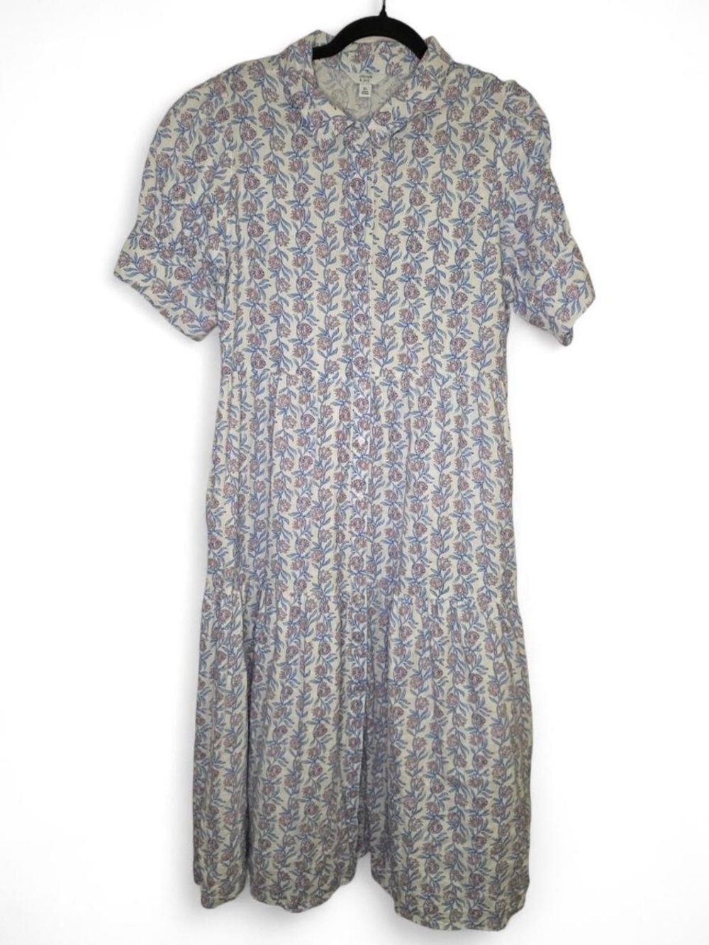 Crown & Ivy Blue Floral Tiered Shirt Dress XL Button Up Cottagecore Midi